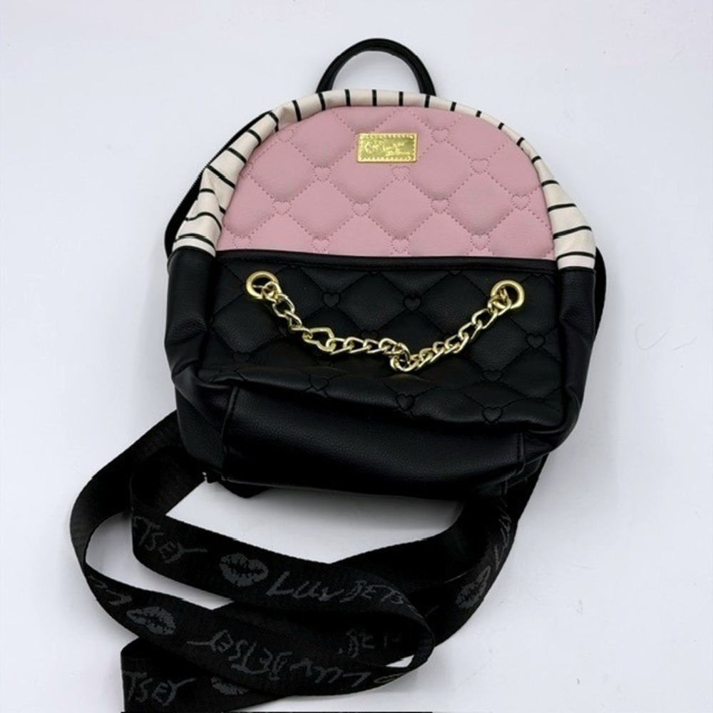 Luv Betsey by Betsey Johnson Mini Backpack Pink Black Heart Quilt Striped Chain - Picture 2 of 13